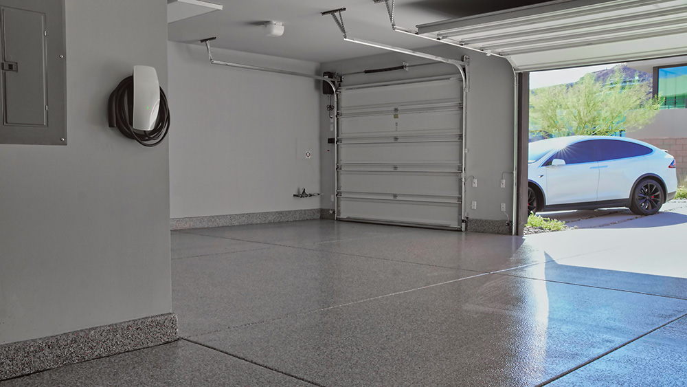 garage floor with floor coating and white car